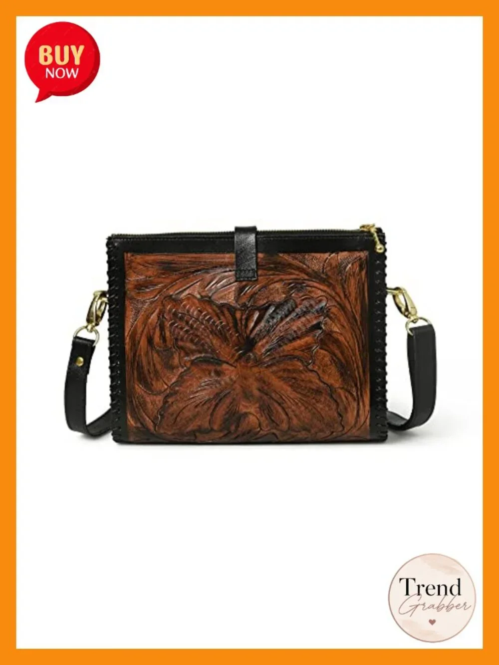 Genuine Leather Crossbody Bag for Women Sling Purse Satchel Hand-tooled Floral